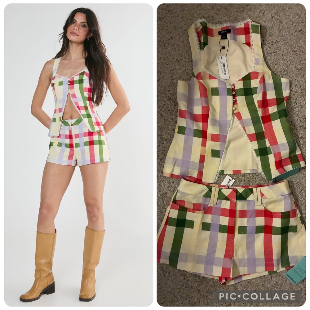 NWT Nasty Gal Sz small Two Piece Set Linen Mix Gingham Lace Trim Shorts And Vest